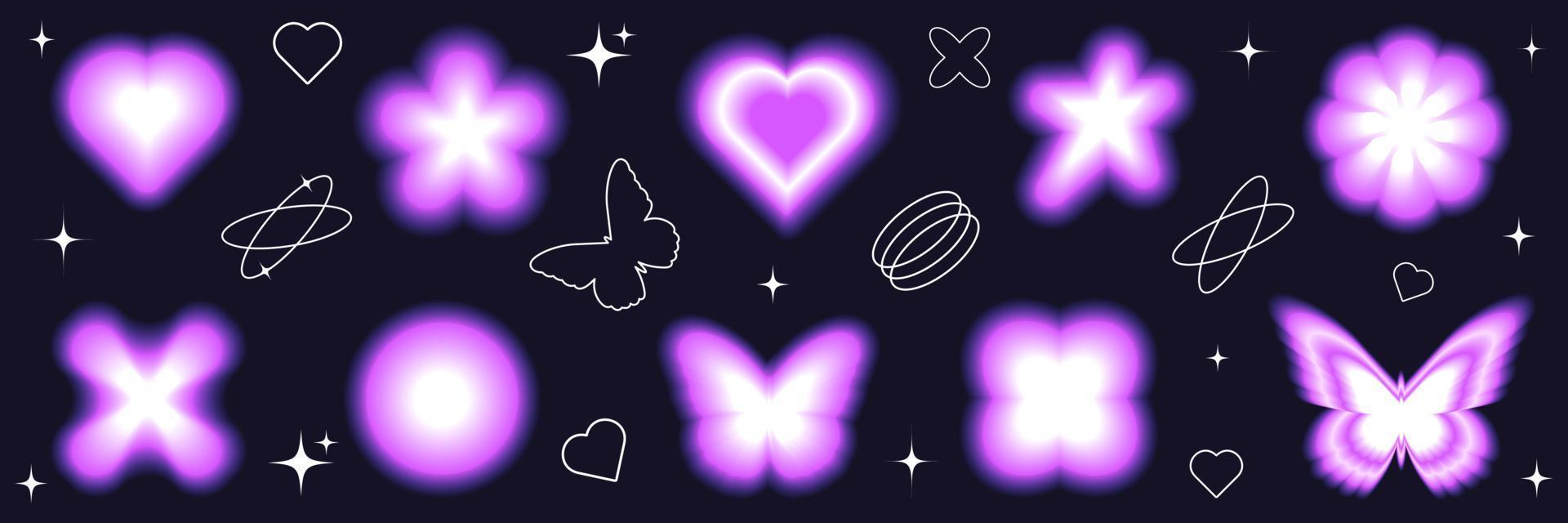 wazig helling y2k sticker set. modern modieus abstract vormen. hart, vlinder, ster, bloem. vector illustratie met gevoel 90s - jaren 2000.