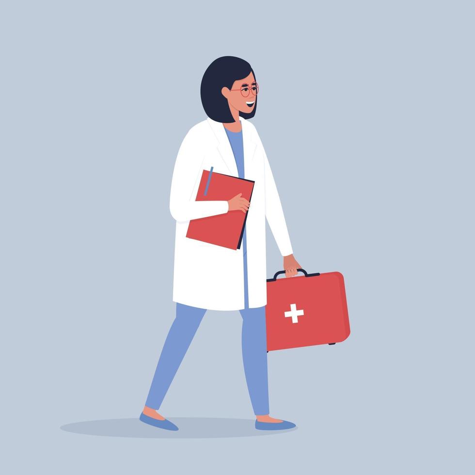 een dokter in een bril met een tas en mappen gaat patiënten bellen vector