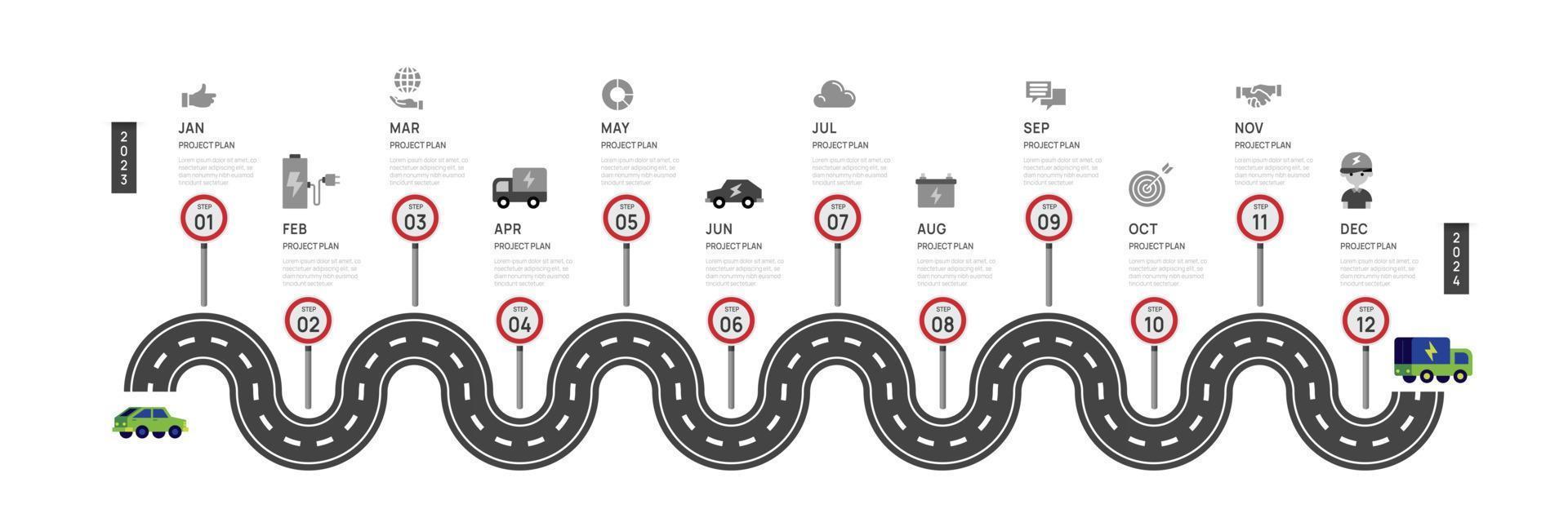 infographic routekaart sjabloon voor bedrijf. 12 maanden modern tijdlijn element diagram kalender, 4 kwartaal stappen mijlpaal ev auto vector infografisch.