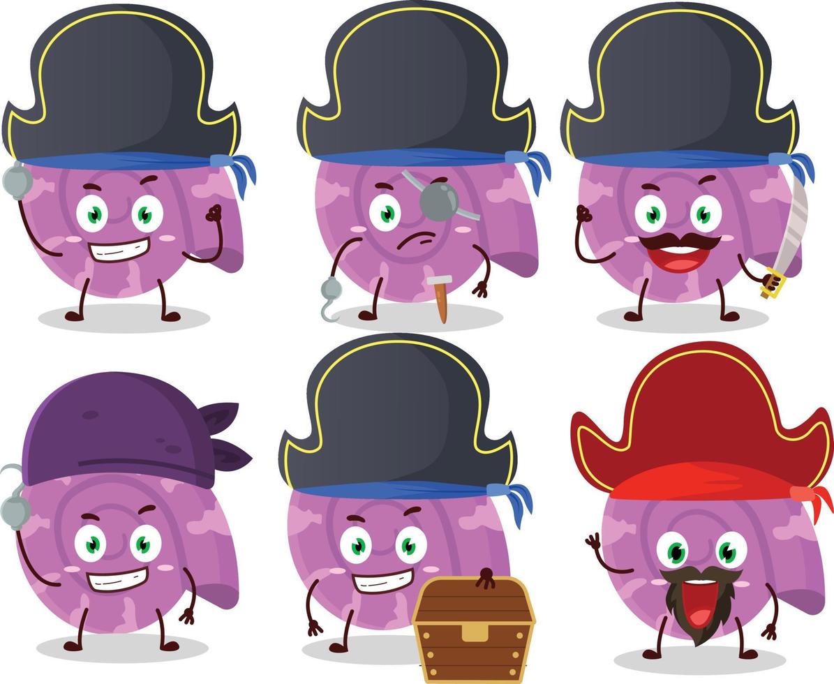 tekenfilm karakter van Purper clam met divers piraten emoticons vector