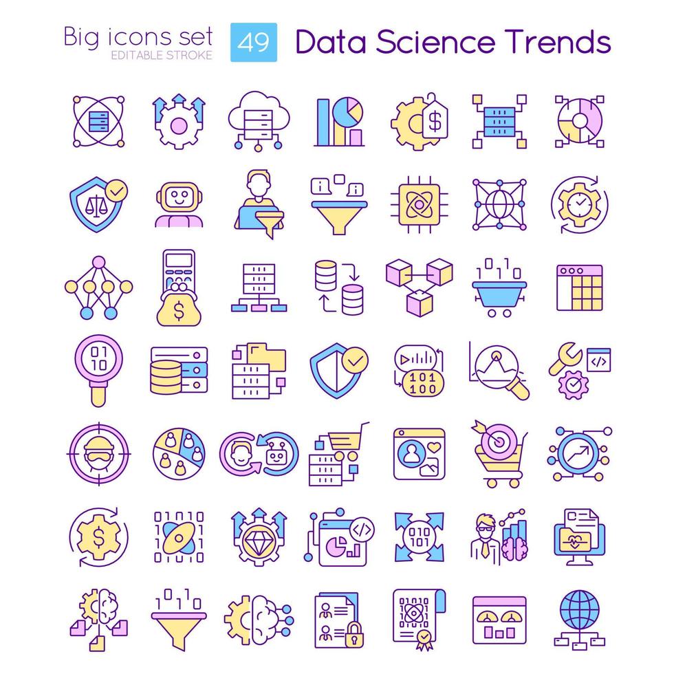 gegevens wetenschap trends rgb kleur pictogrammen set. informatie analytics technologie. datalogie innovaties. geïsoleerd vector illustraties. gemakkelijk gevulde lijn tekeningen verzameling. bewerkbare beroerte