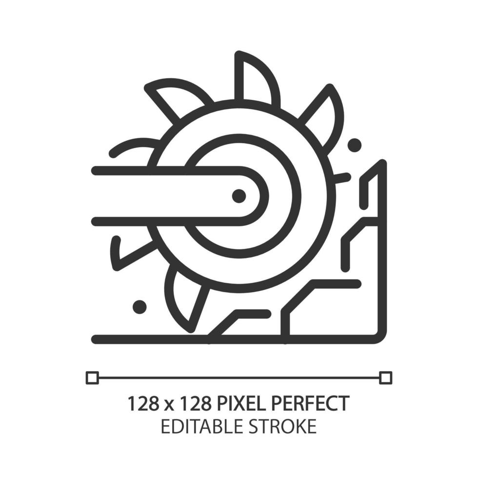 emmer wiel graafmachine pixel perfect lineair icoon. groot zwaar uitrusting machine. steenkool mijnbouw industrie. motor voertuig. dun lijn illustratie. contour symbool. vector schets tekening. bewerkbare beroerte