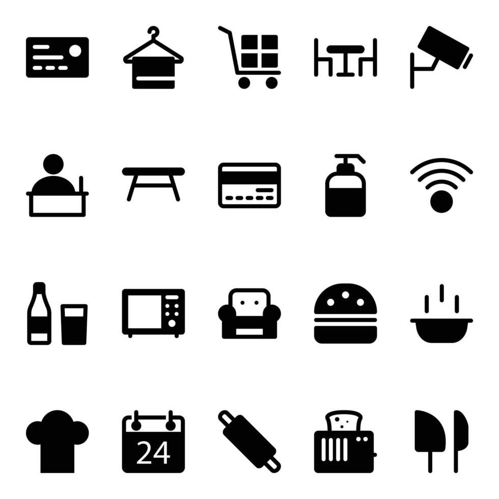 glyph pictogrammen voor hotel en restaurant. vector