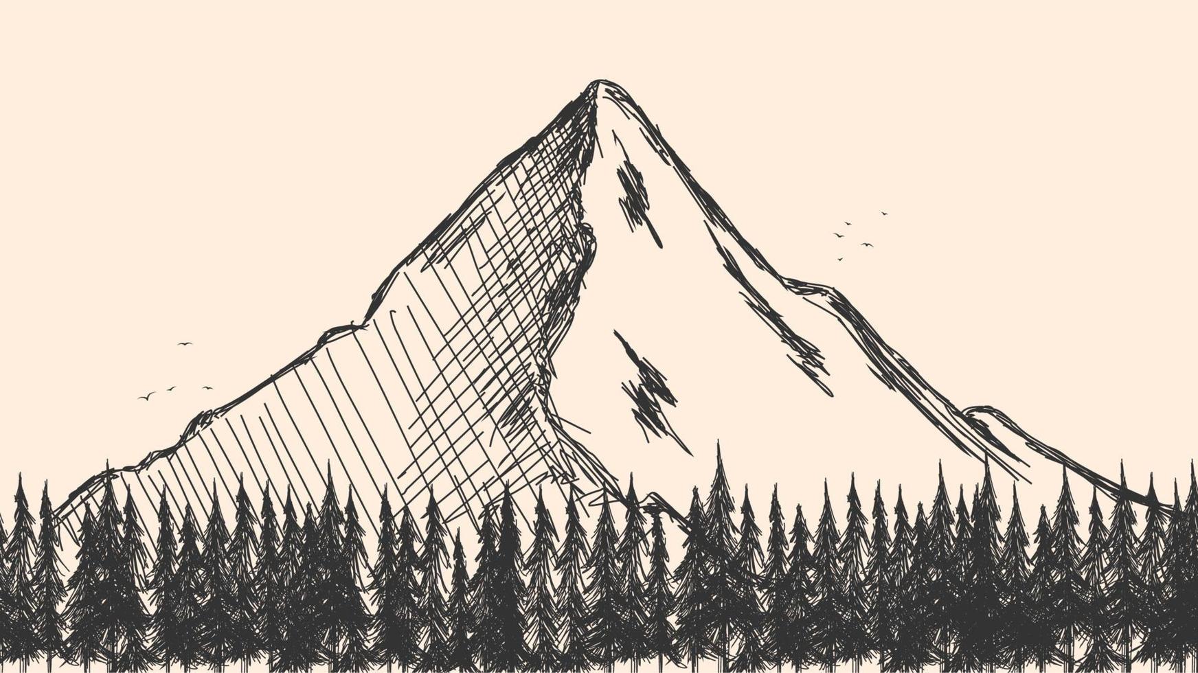 hand- getrokken schetsen van pijnboom Woud en bergen. vector achtergrond.
