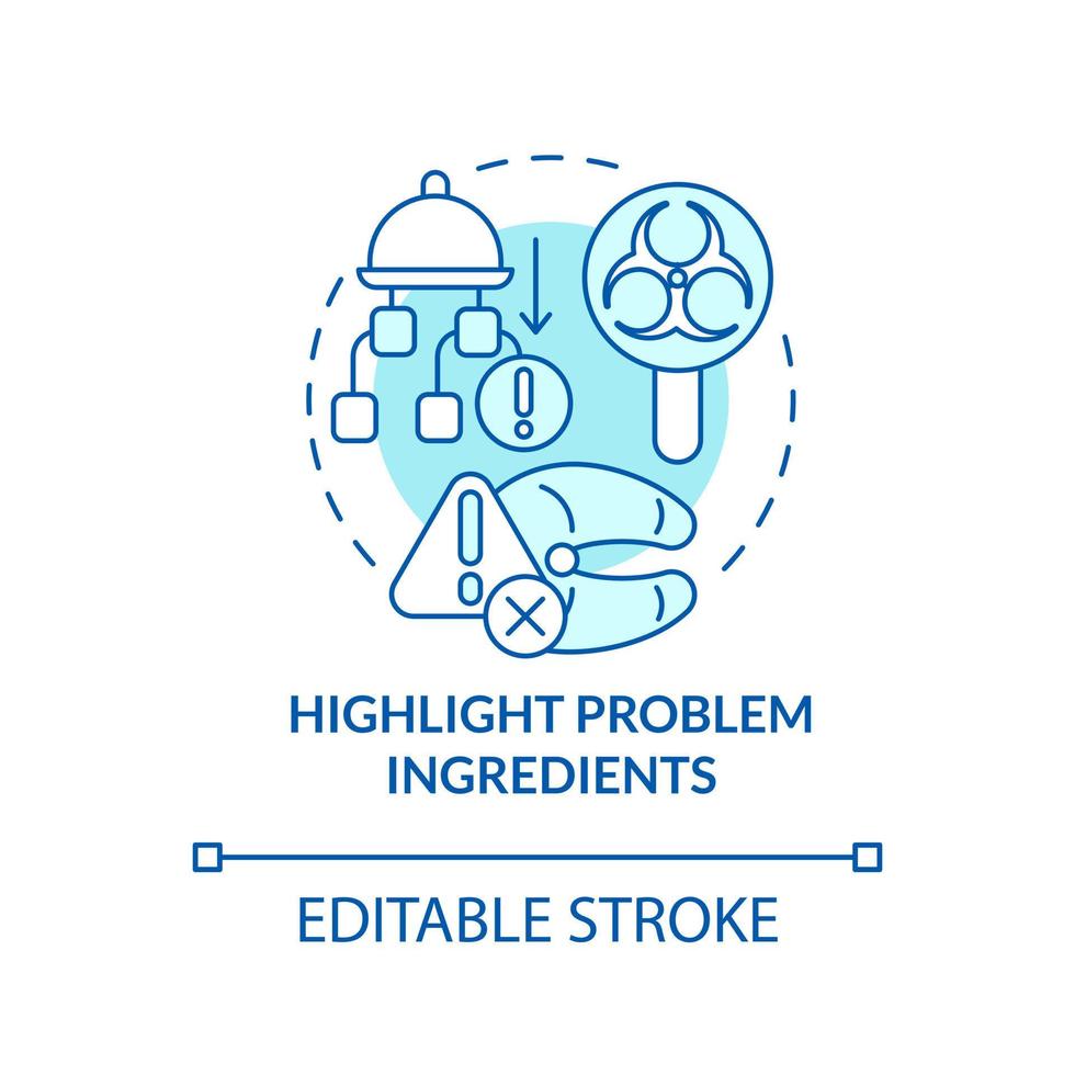 hoogtepunt probleem ingrediënten turkoois concept icoon. voedsel veiligheid. haccp Aan praktijk abstract idee dun lijn illustratie. geïsoleerd schets tekening. bewerkbare beroerte vector