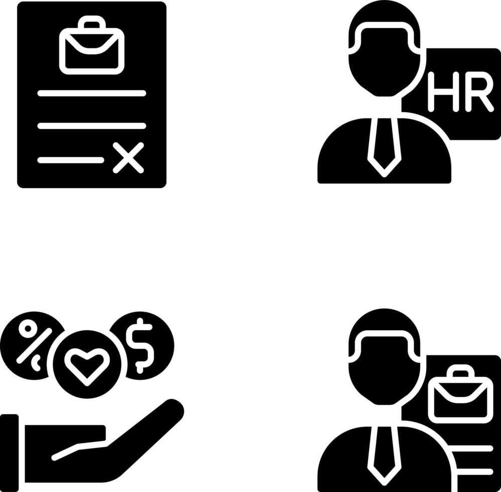 baan positie voordelen zwart glyph pictogrammen reeks Aan wit ruimte. menselijk middelen manager. aanvrager cv. teken contract. silhouet symbolen. solide pictogram pak. vector geïsoleerd illustratie