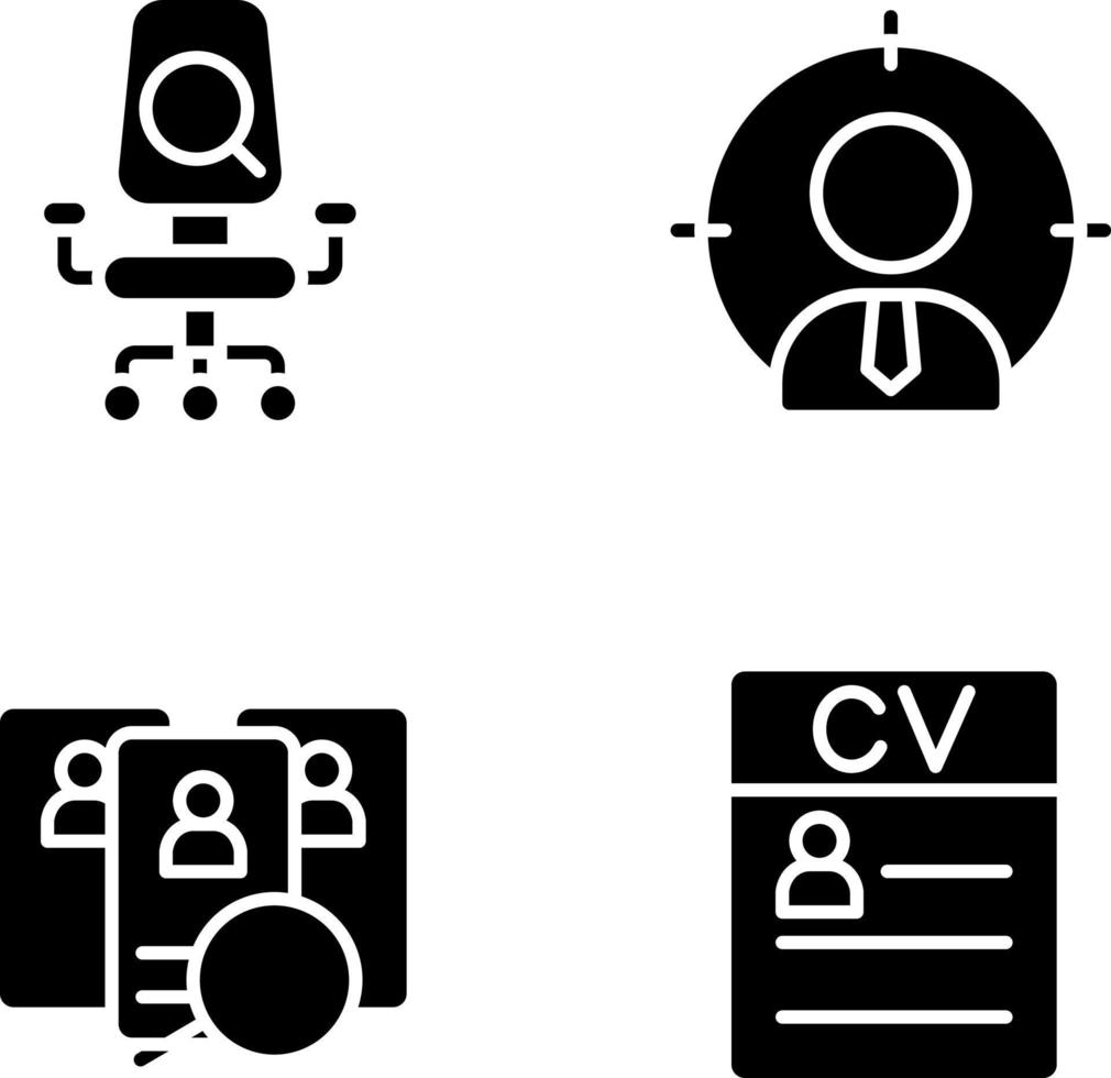 arbeider selectie werkwijze zwart glyph pictogrammen reeks Aan wit ruimte. baan positie. koppensnellen. aanvrager cv. kiezen medewerker. silhouet symbolen. solide pictogram pak. vector geïsoleerd illustratie