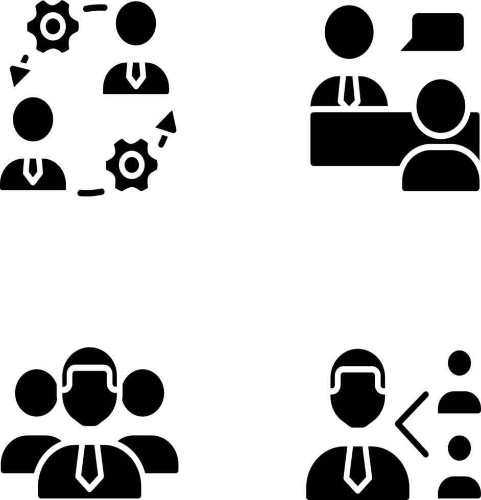 samenspel zwart glyph pictogrammen reeks Aan wit ruimte. onboarding werkwijze. baan interview. doorverwijzing programma. bedrijf personeel. silhouet symbolen. solide pictogram pak. vector geïsoleerd illustratie