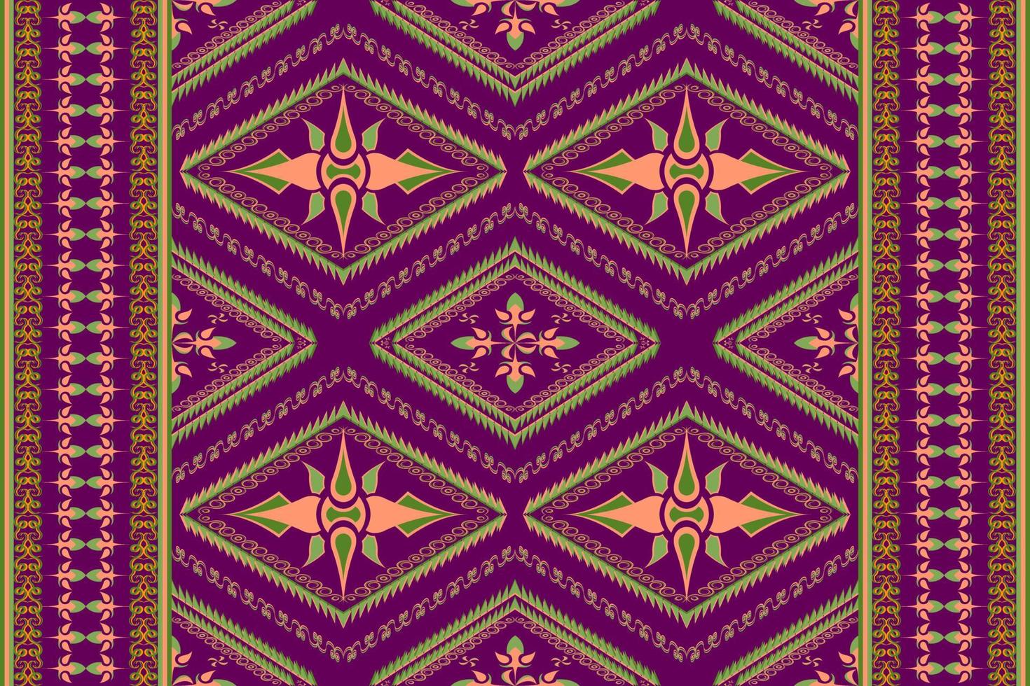 etnisch volk meetkundig naadloos patroon in paars, oranje en groen toon in vector illustratie ontwerp voor kleding stof, mat, tapijt, sjaal, omhulsel papier, tegel en meer