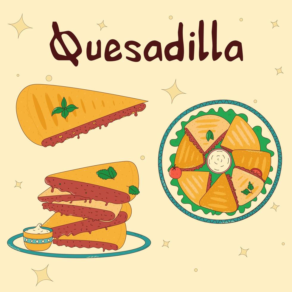 reeks van Mexicaans traditioneel voedsel. Quesadilla. vector illustratie in hand- getrokken stijl