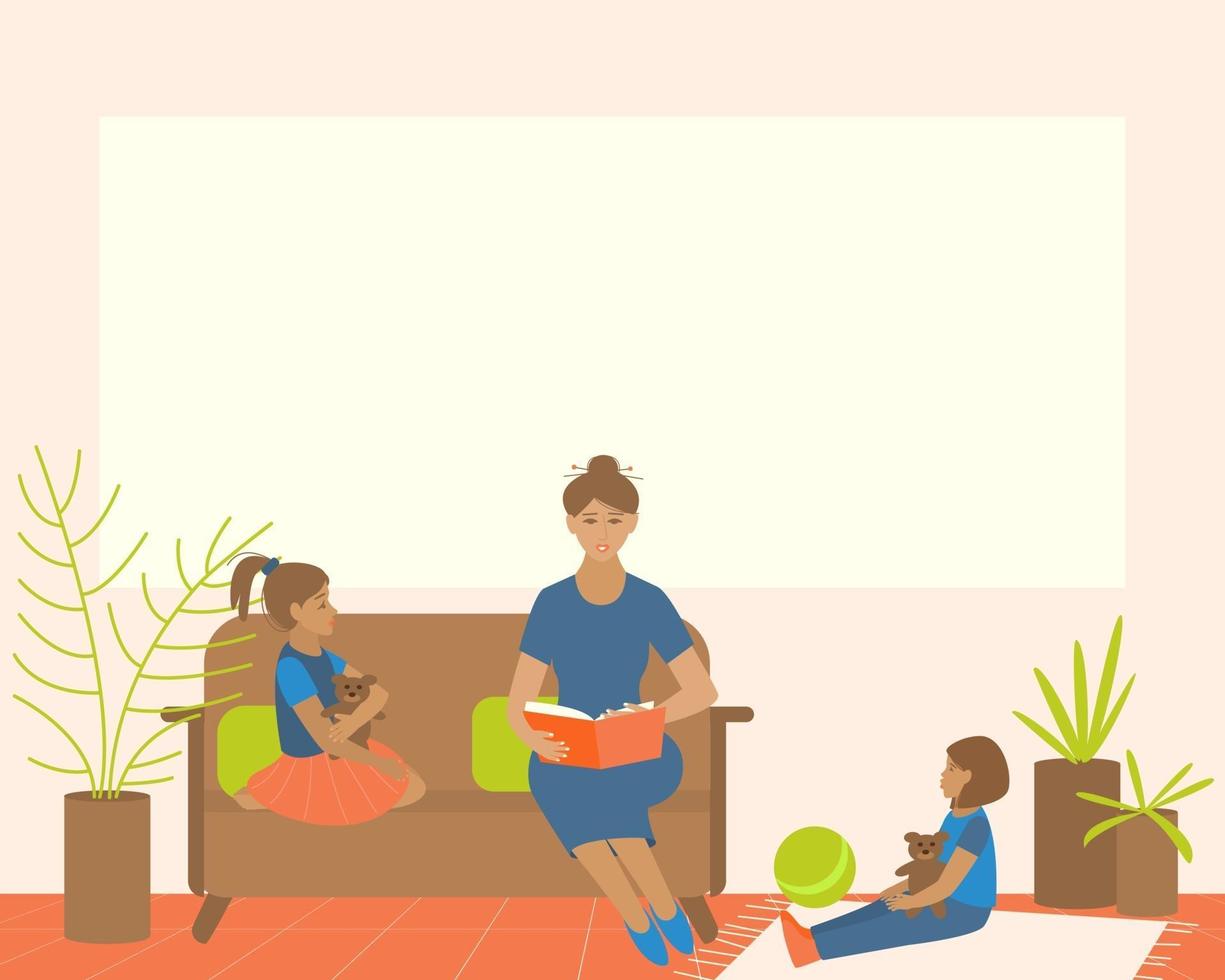 moeder leest thuis een boek voor aan kinderen vector
