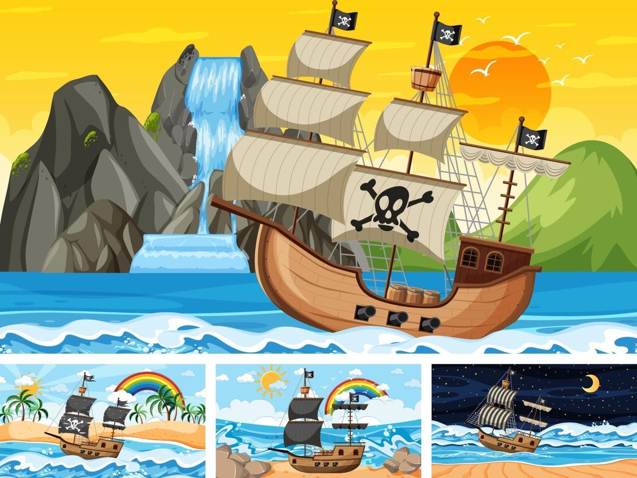 set van oceaan met piratenschip op verschillende tijdstippen scènes in cartoon-stijl vector