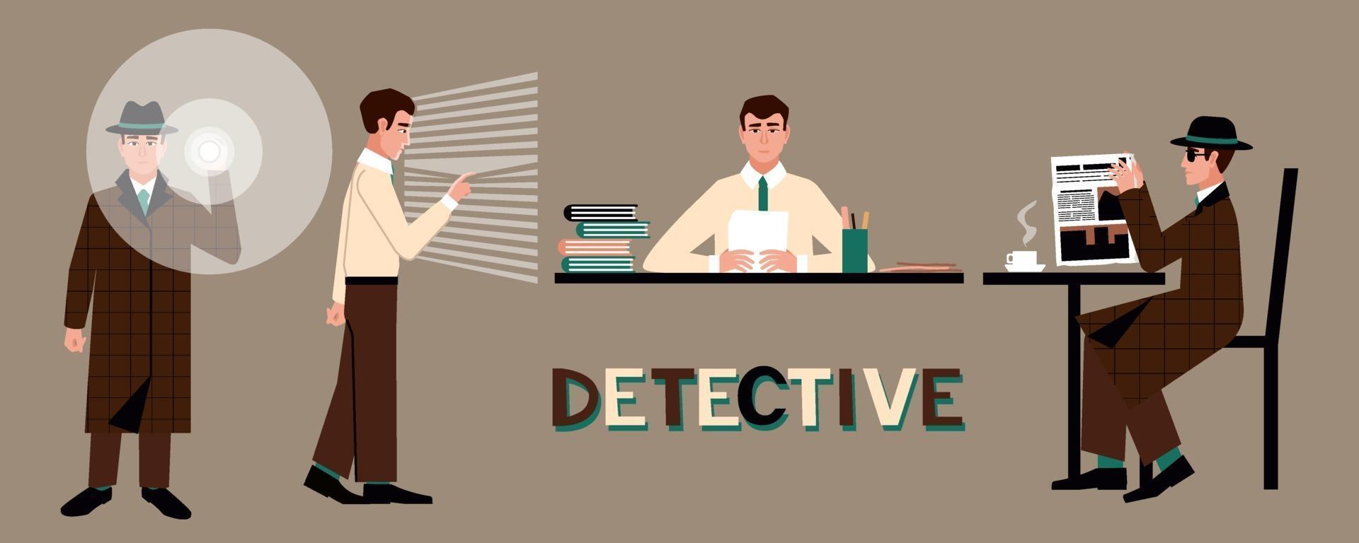 een set van een detective in een hoed met een zaklamp, aan een tafel, bij het raam, in een café. vector