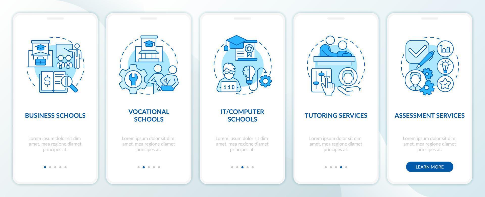 aanvullend onderwijs onderhoud blauw onboarding mobiel app scherm. walkthrough 5 stappen bewerkbare grafisch instructies met lineair concepten. ui, ux, gui sjabloon vector