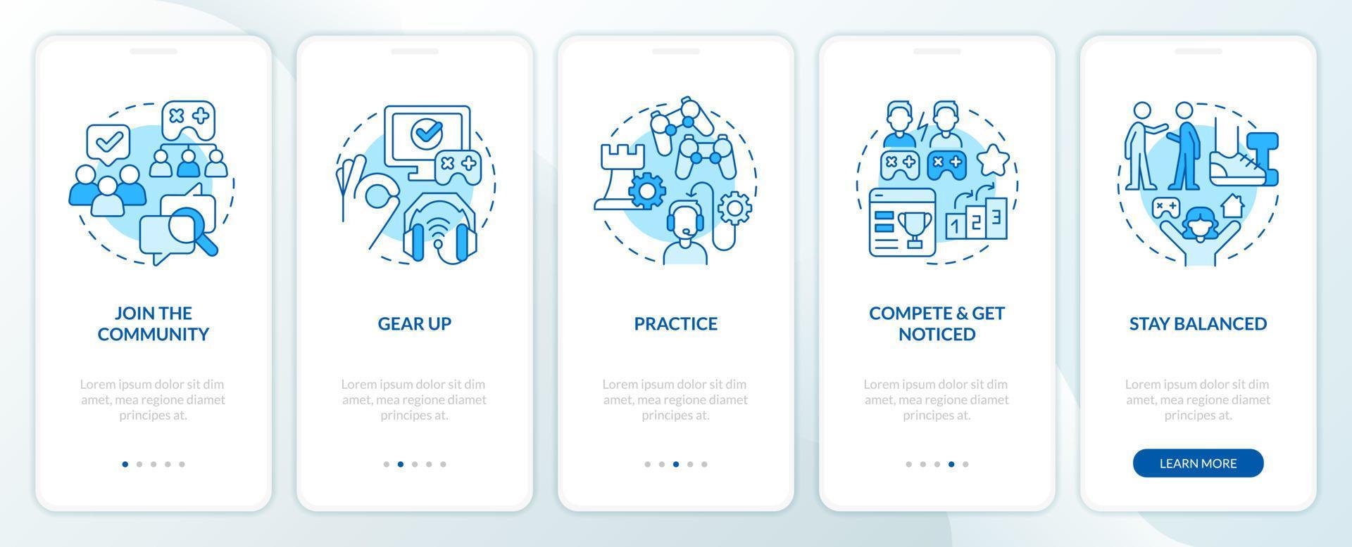 cyber sport carrière blauw onboarding mobiel app scherm. online wimpel walkthrough 5 stappen bewerkbare grafisch instructies met lineair concepten. ui, ux, gui sjabloon vector