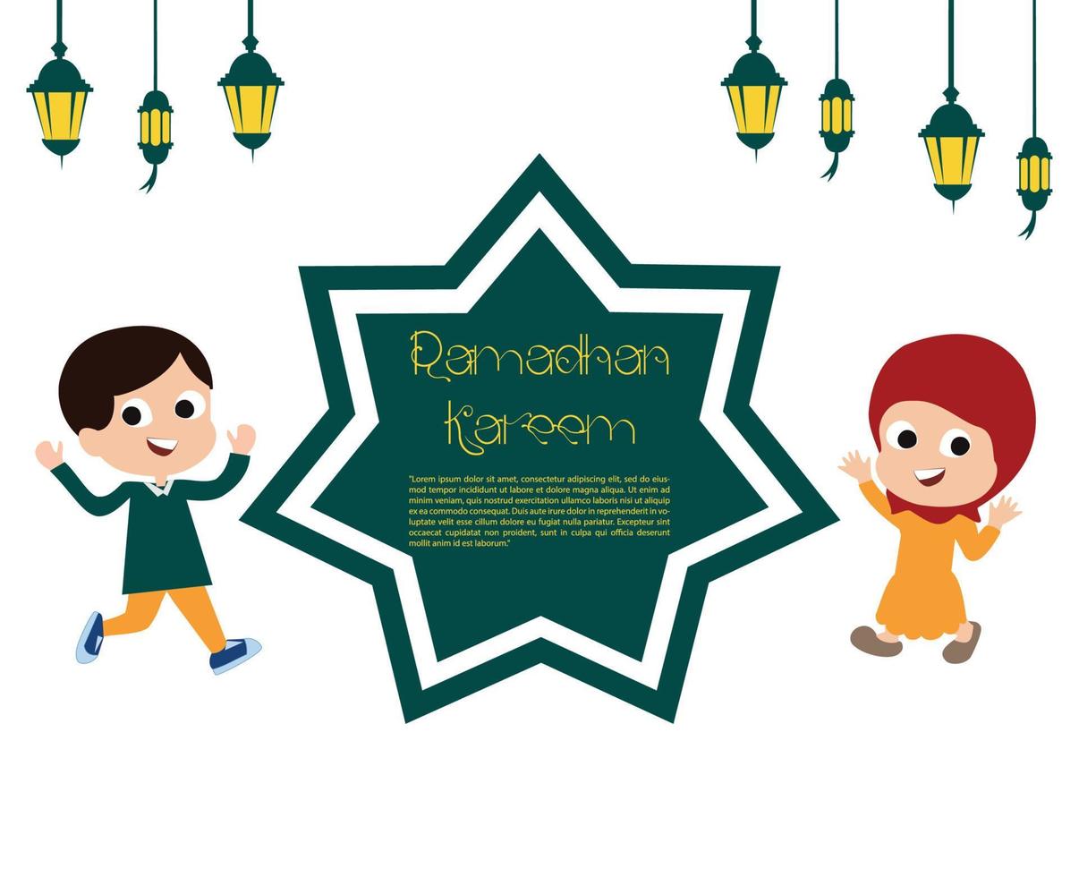 gelukkig Ramadan groet kaart met kinderen tekenfilm karakter. gelukkig Ramadan groet kaart versierd met lantaarns en leeg ruimte vector