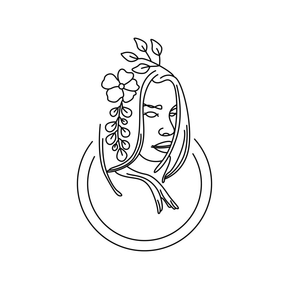 gemakkelijk lijn kunst deco vrouw versierd door bladeren vector illustratie. schoonheid vrouw elegant hand- getrokken voorjaar bloemen zwart icoon geïsoleerd Aan wit