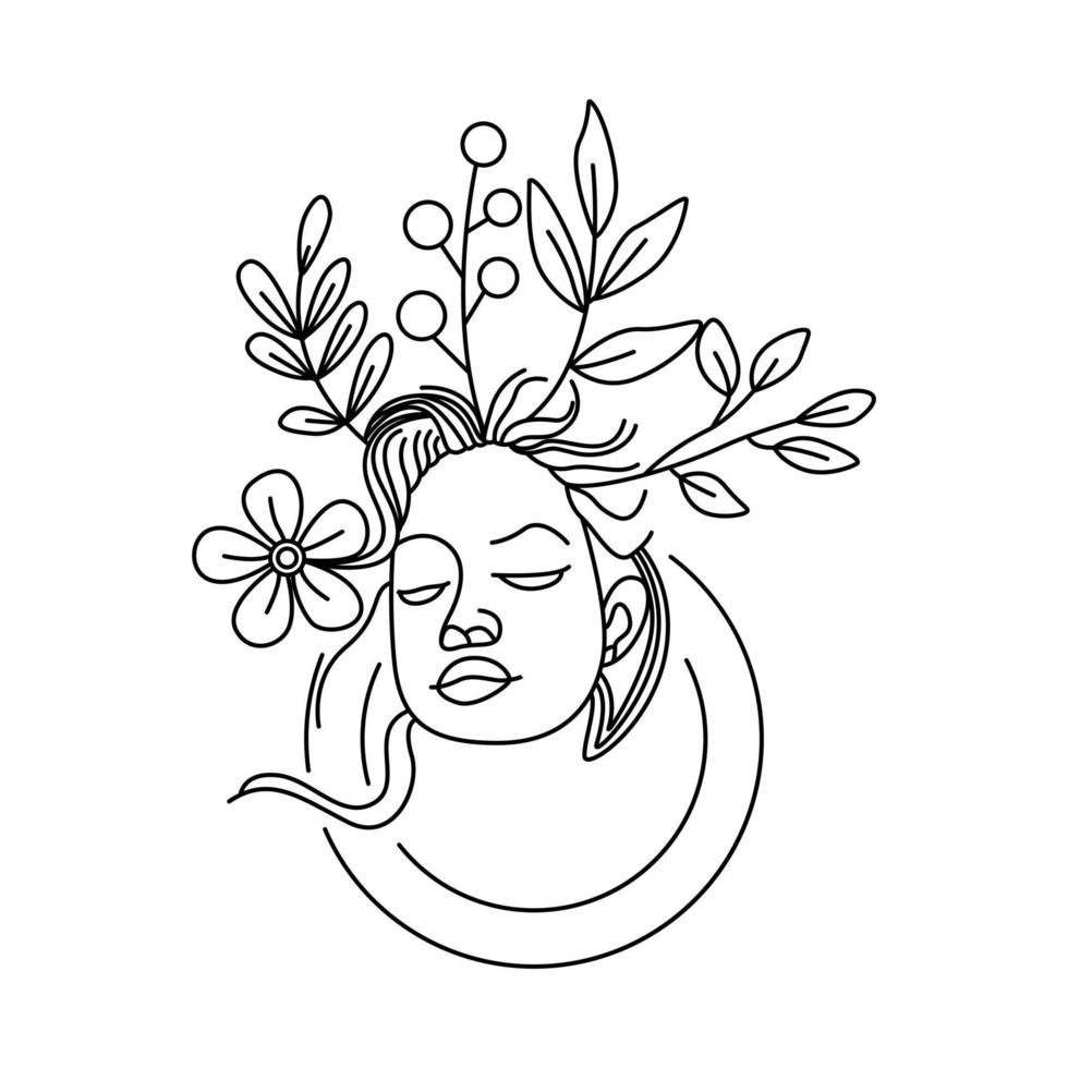 gemakkelijk lijn kunst deco vrouw versierd door bladeren vector illustratie. schoonheid vrouw elegant hand- getrokken voorjaar bloemen zwart icoon geïsoleerd Aan wit