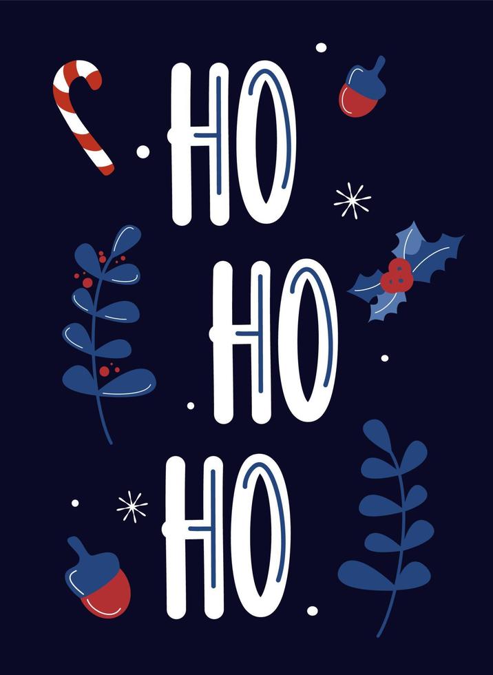 schattig hand- getrokken belettering ho ho ho Kerstmis tekst vector kaart illustratie achtergrond ontwerp met vakantie symbolen