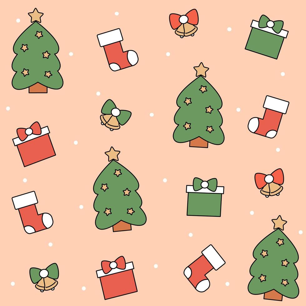 schattig Kerstmis vector patroon achtergrond illustratie met Kerstmis boom, bellen, geschenk doos, sokken en sneeuwvlokken