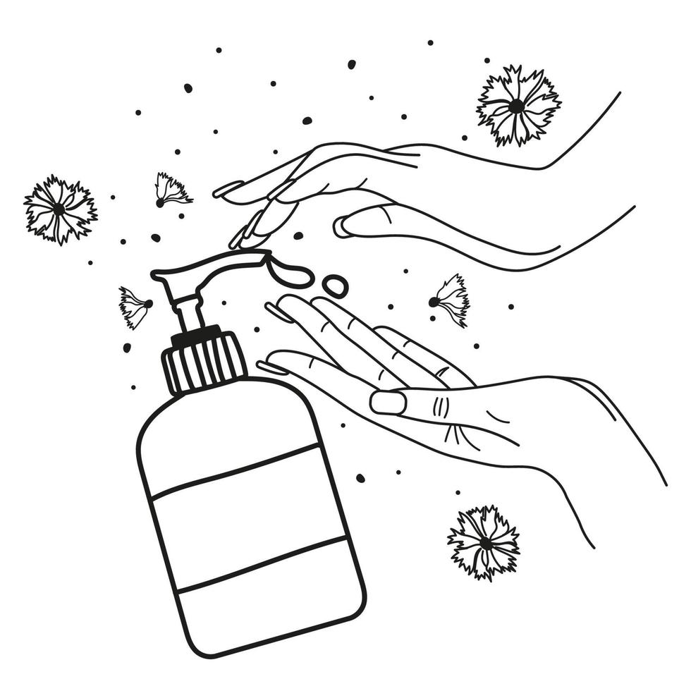 handen wassen. lijn vectorillustratie. vloeibare zeep en vrouwelijke handen op geïsoleerde witte achtergrond vector