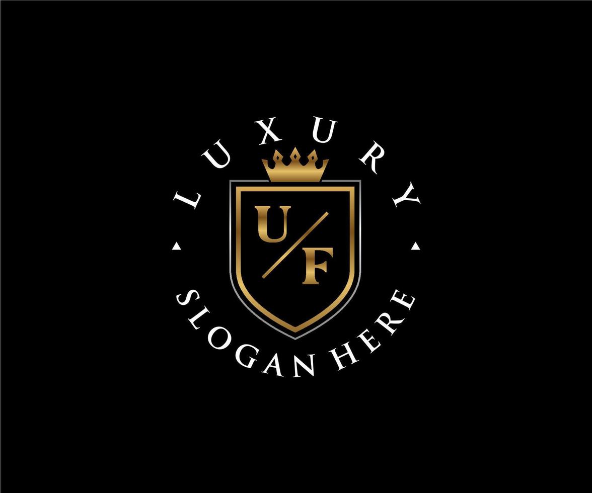 eerste uf brief Koninklijk luxe logo sjabloon in vector kunst voor restaurant, royalty, boetiek, cafe, hotel, heraldisch, sieraden, mode en andere vector illustratie.