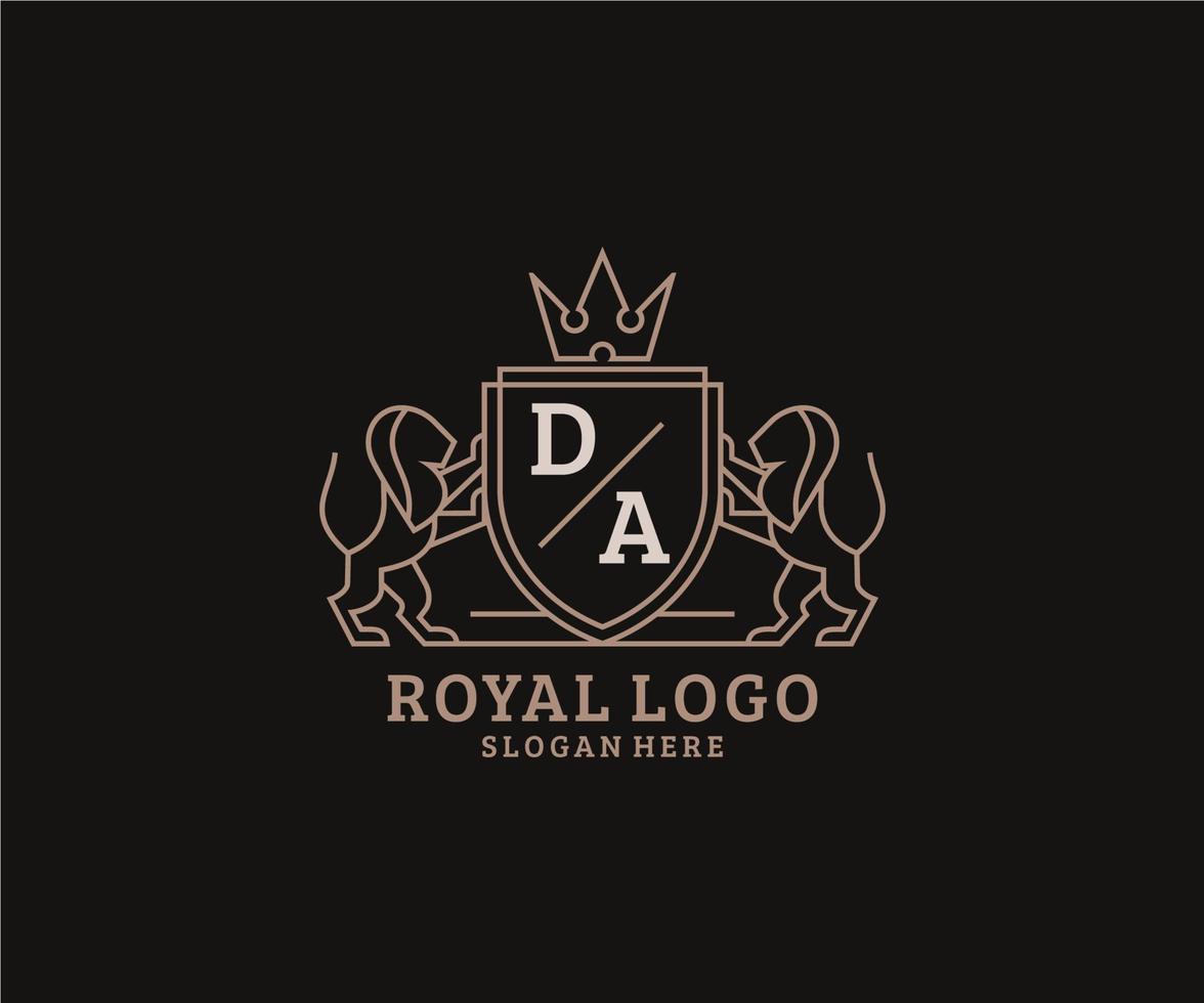 eerste da brief leeuw Koninklijk luxe logo sjabloon in vector kunst voor restaurant, royalty, boetiek, cafe, hotel, heraldisch, sieraden, mode en andere vector illustratie.