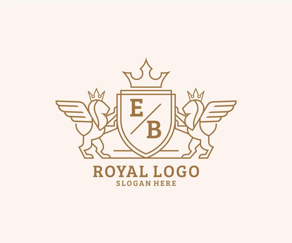 eerste eb brief leeuw Koninklijk luxe heraldisch, wapen logo sjabloon in vector kunst voor restaurant, royalty, boetiek, cafe, hotel, heraldisch, sieraden, mode en andere vector illustratie.