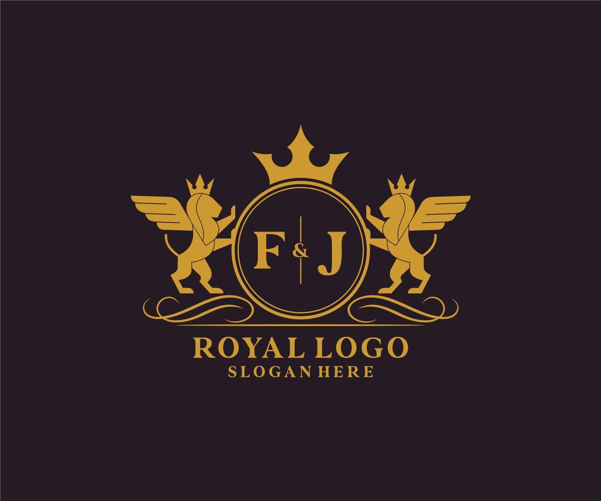 eerste fj brief leeuw Koninklijk luxe heraldisch, wapen logo sjabloon in vector kunst voor restaurant, royalty, boetiek, cafe, hotel, heraldisch, sieraden, mode en andere vector illustratie.