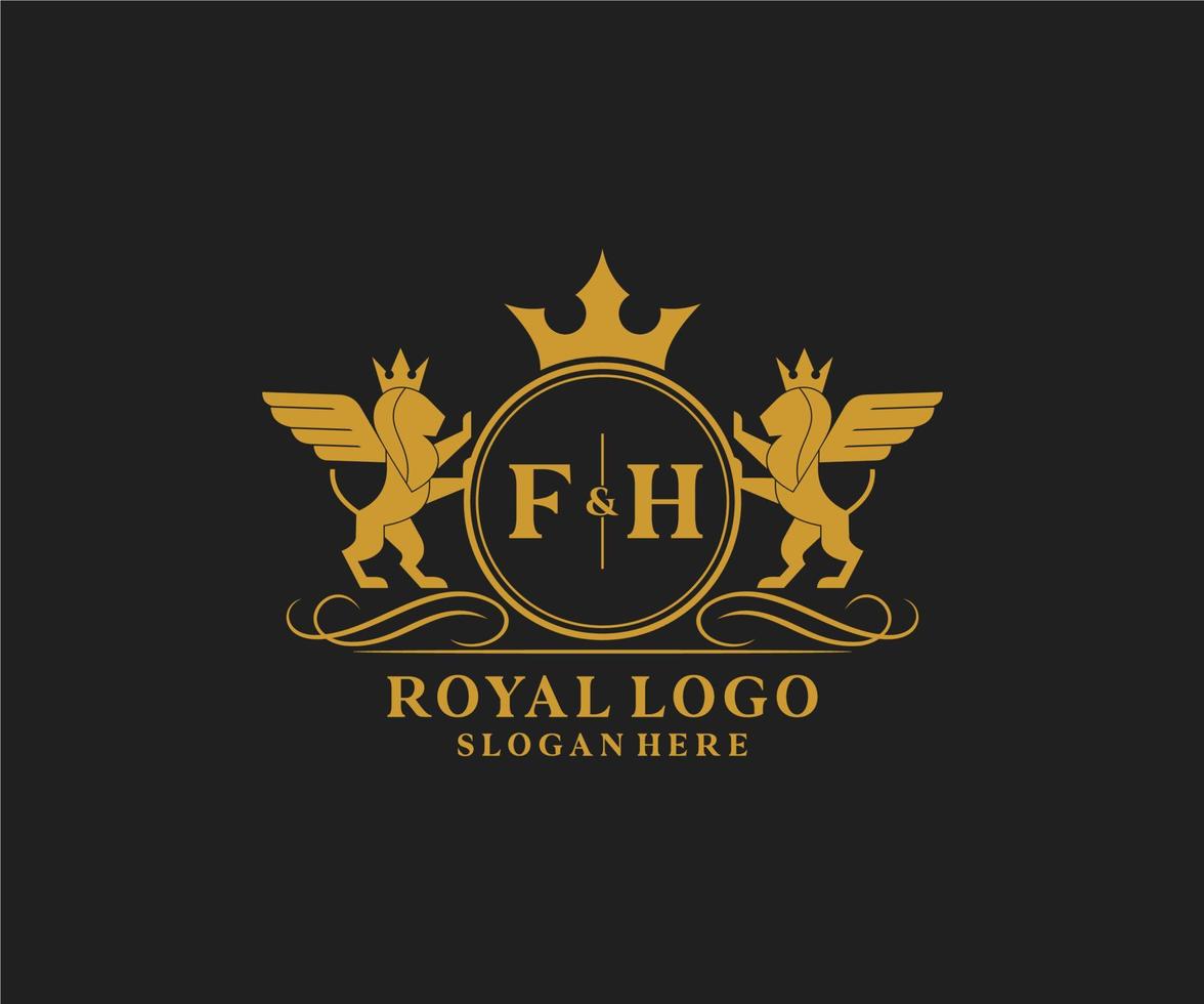 eerste fh brief leeuw Koninklijk luxe heraldisch, wapen logo sjabloon in vector kunst voor restaurant, royalty, boetiek, cafe, hotel, heraldisch, sieraden, mode en andere vector illustratie.