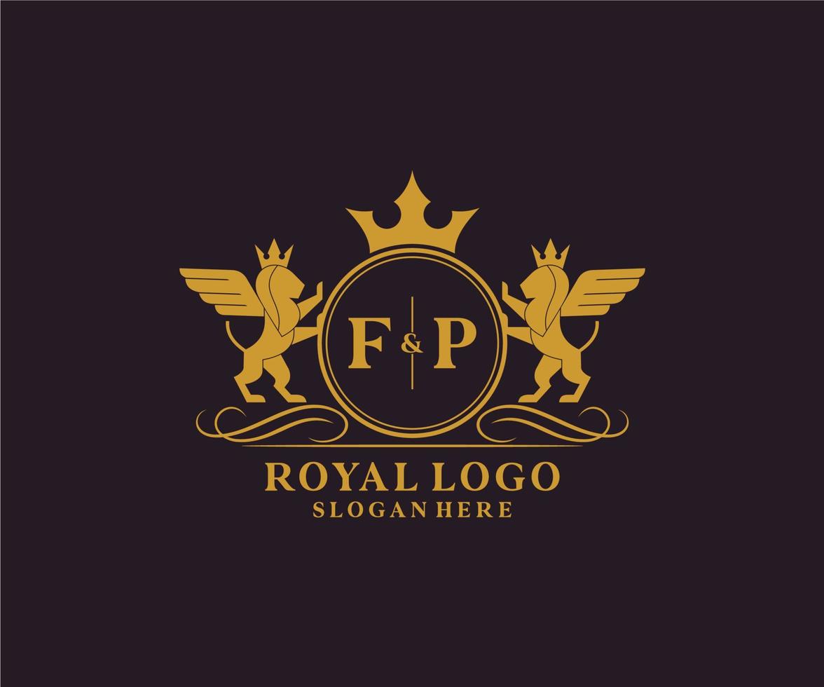 eerste fp brief leeuw Koninklijk luxe heraldisch, wapen logo sjabloon in vector kunst voor restaurant, royalty, boetiek, cafe, hotel, heraldisch, sieraden, mode en andere vector illustratie.