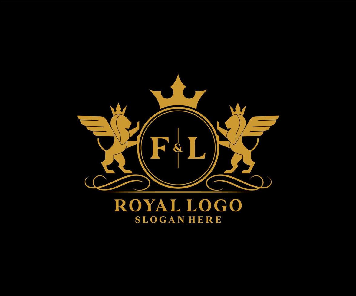 eerste fl brief leeuw Koninklijk luxe heraldisch, wapen logo sjabloon in vector kunst voor restaurant, royalty, boetiek, cafe, hotel, heraldisch, sieraden, mode en andere vector illustratie.