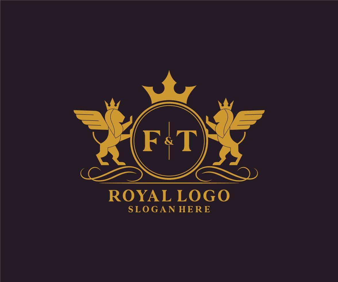 eerste ft brief leeuw Koninklijk luxe heraldisch, wapen logo sjabloon in vector kunst voor restaurant, royalty, boetiek, cafe, hotel, heraldisch, sieraden, mode en andere vector illustratie.