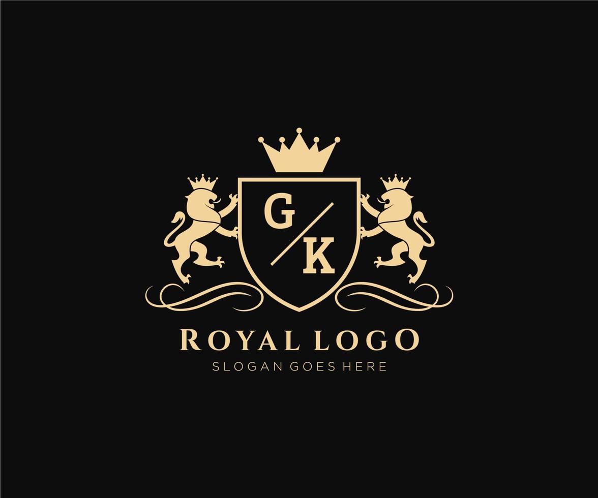 eerste gk brief leeuw Koninklijk luxe heraldisch, wapen logo sjabloon in vector kunst voor restaurant, royalty, boetiek, cafe, hotel, heraldisch, sieraden, mode en andere vector illustratie.