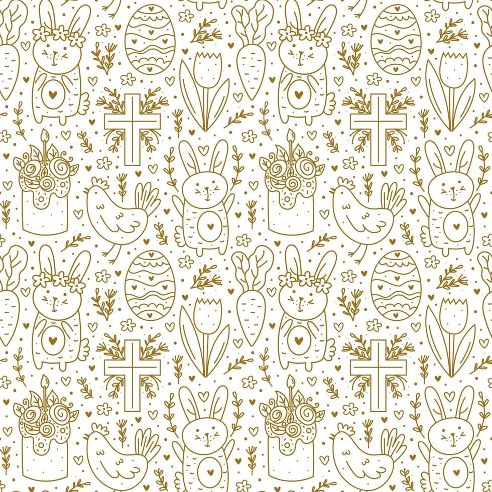 gelukkige paasvakantie doodle lijntekeningen. gouden ontwerp. konijn, konijn, christelijk kruis, cake, kip, ei, kip, bloem, wortel. naadloze patroon, textuur, achtergrond. verpakkingspapier. vector