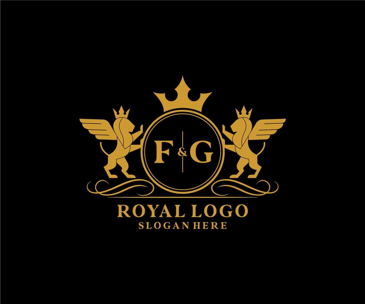 eerste fg brief leeuw Koninklijk luxe heraldisch, wapen logo sjabloon in vector kunst voor restaurant, royalty, boetiek, cafe, hotel, heraldisch, sieraden, mode en andere vector illustratie.