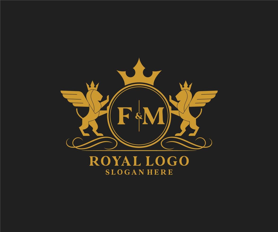 eerste fm brief leeuw Koninklijk luxe heraldisch, wapen logo sjabloon in vector kunst voor restaurant, royalty, boetiek, cafe, hotel, heraldisch, sieraden, mode en andere vector illustratie.