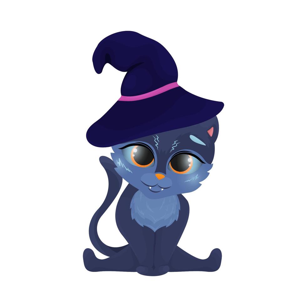 grappig zwart kat, illustratie. vampier kat en magie hoed, halloween clip art, vector