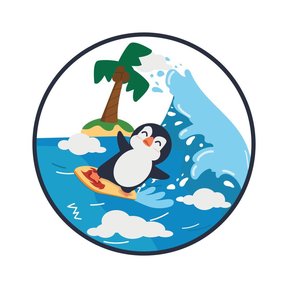 gelukkig pinguïn tekenfilm surfing logo vector