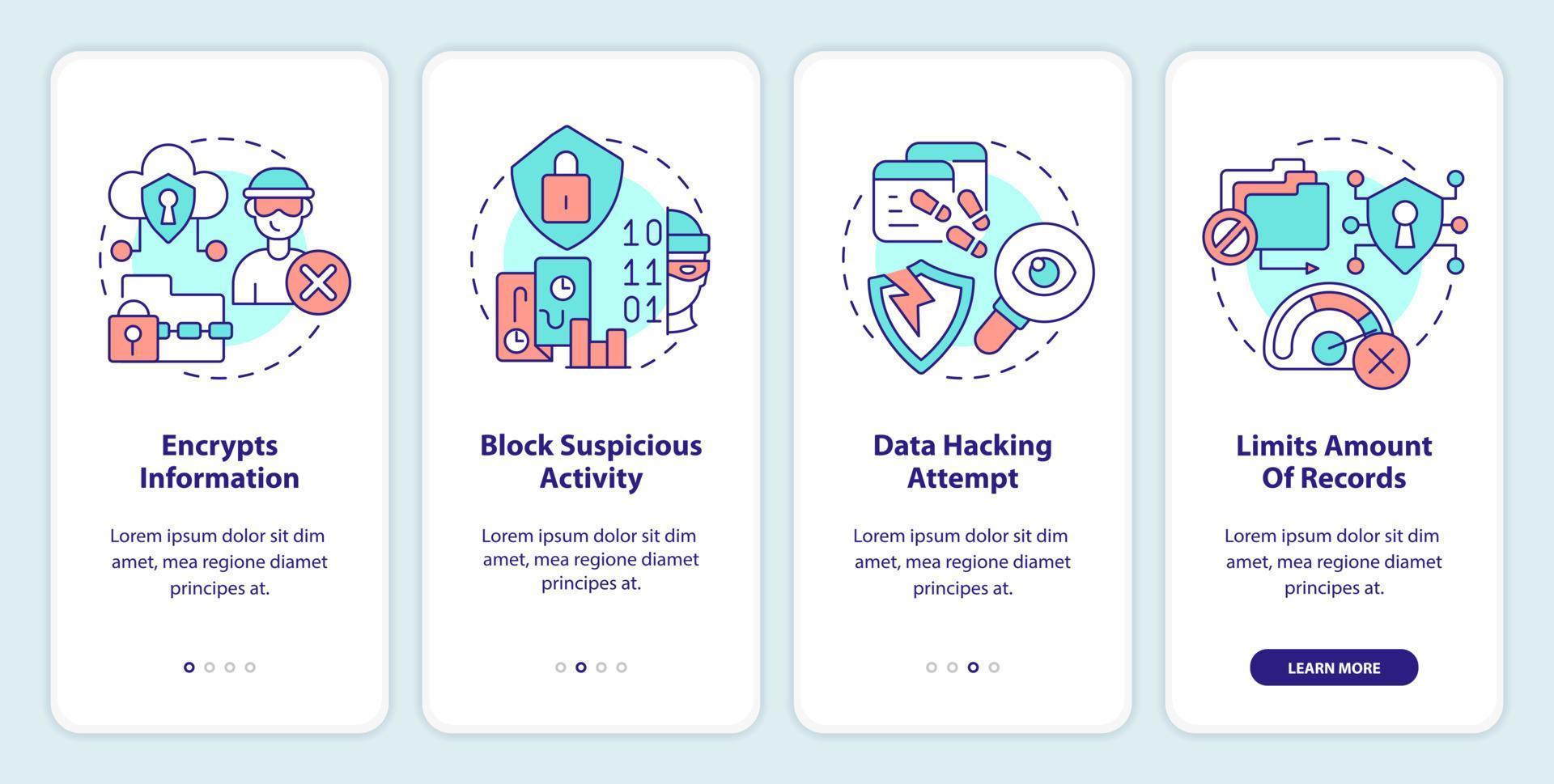 klant identificatie voorkomt hacken onboarding mobiel app scherm. walkthrough 4 stappen bewerkbare grafisch instructies met lineair concepten. ui, ux, gui sjabloon vector