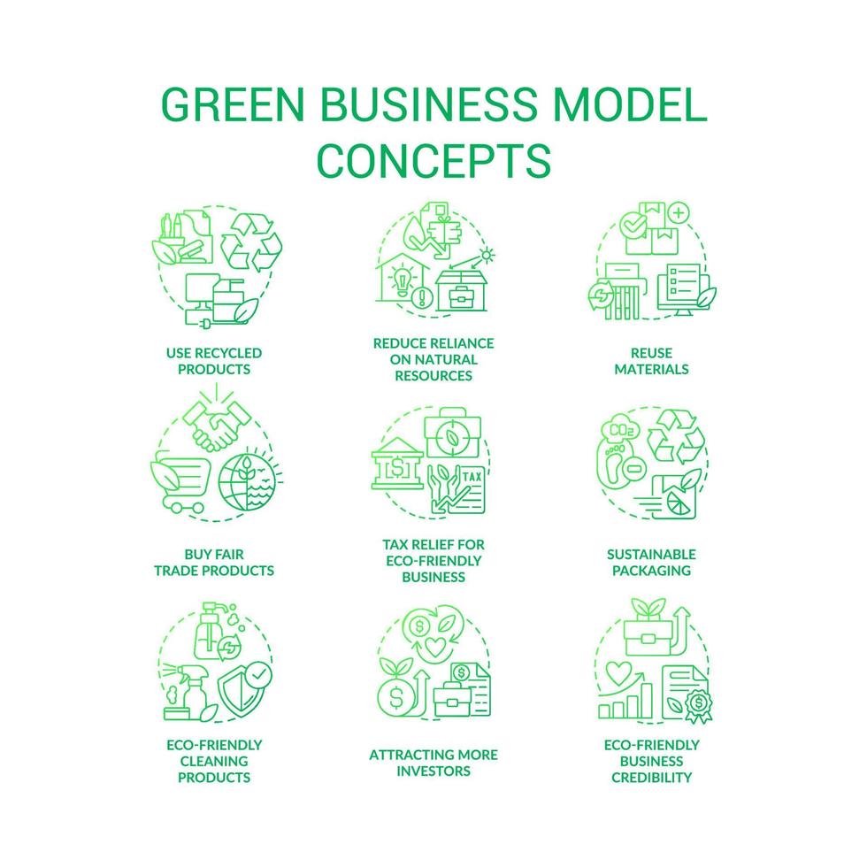 duurzame bedrijf model- groen helling concept pictogrammen set. milieuvriendelijk productie. milieu bedrijf dun lijn kleur illustraties. geïsoleerd symbolen vector