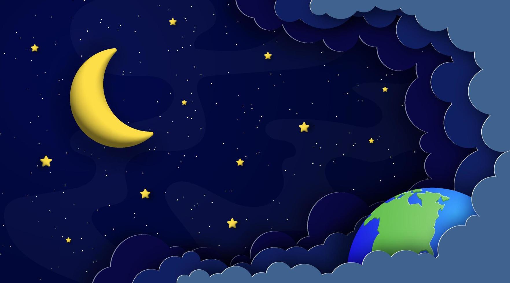 aarde, maan en sterren Aan nacht bewolkt lucht achtergrond. vector