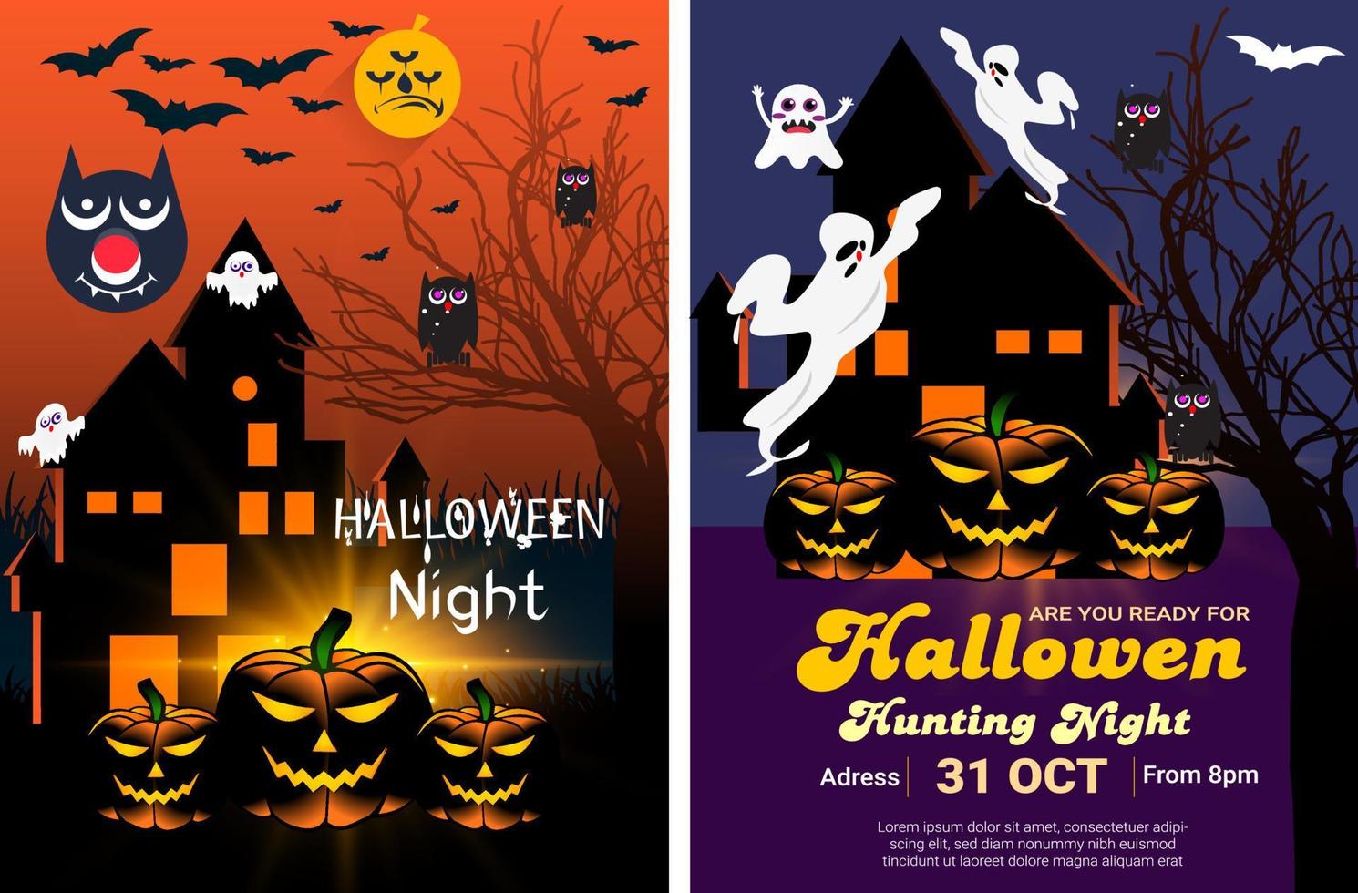 halloween partij banier met verschrikking ontwerp. halloween partij poster, gelukkig halloween korting uitverkoop podium banier met lantaarn pompoen. halloween nacht vector illustratie met knuppel spinnen geest.