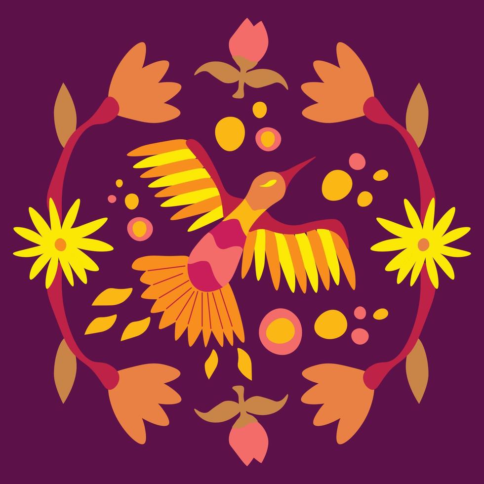 plein vector illustratie met vogelstand en bloemen geïnspireerd door traditioneel Mexicaans otomi borduurwerk Aan Purper achtergrond