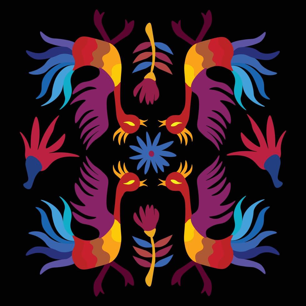 plein vector illustratie met vogelstand en bloemen geïnspireerd door traditioneel Mexicaans otomi borduurwerk Aan zwart achtergrond