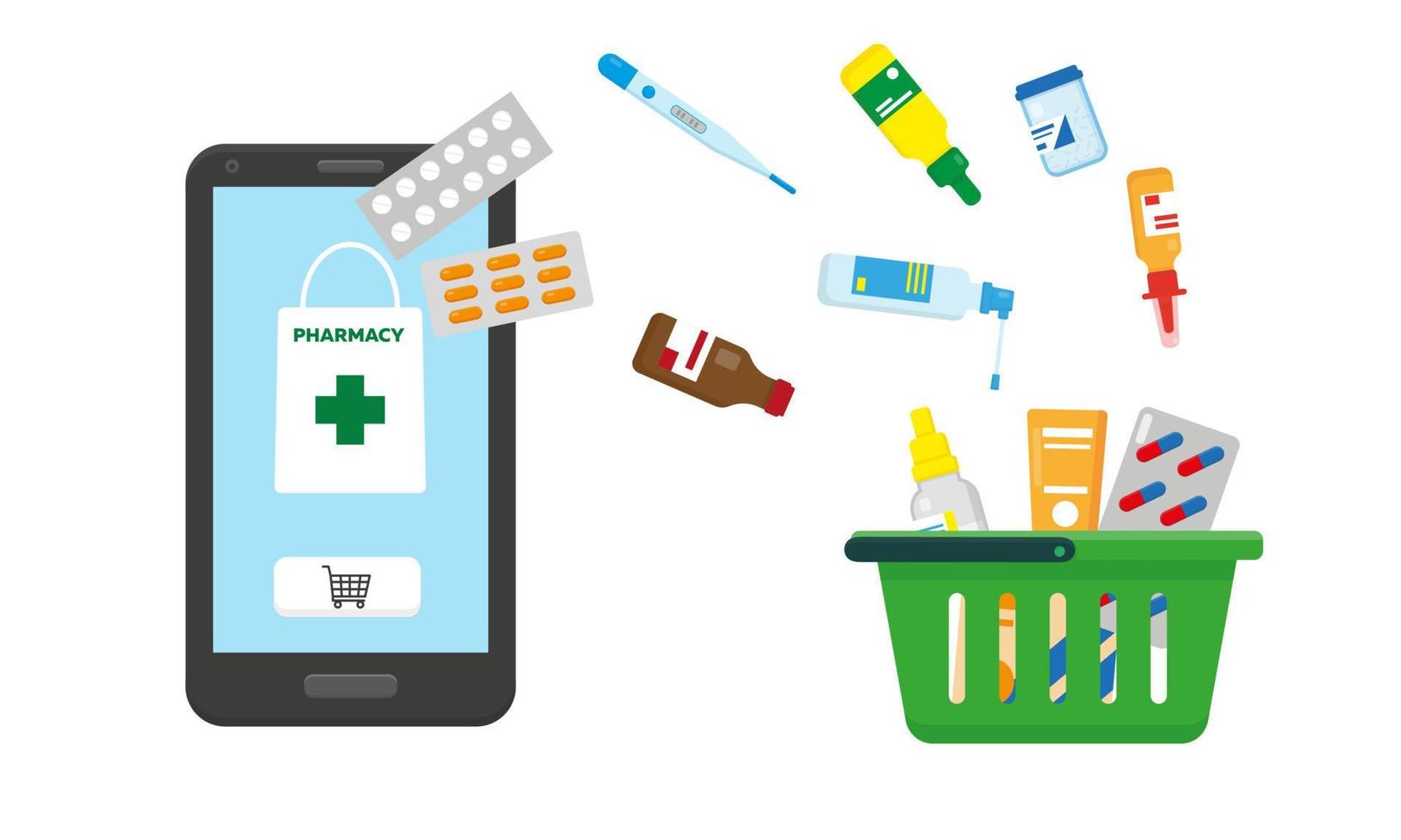 online apotheek concept vector illustratie. geneesmiddel is vliegend van smartphone naar boodschappen doen mand.
