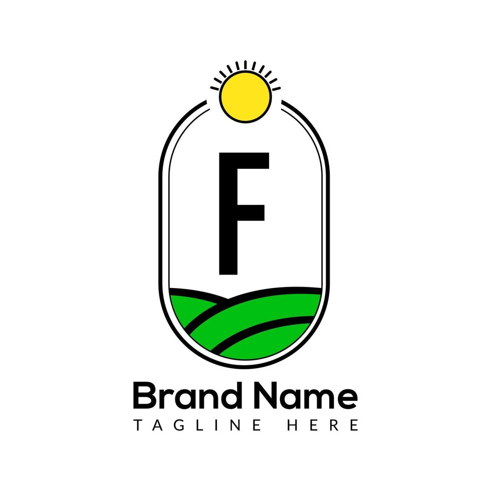 landbouw sjabloon Aan f brief. bouwland logo, agro boerderij, eco boerderij logo ontwerp met zon icoon concept vector