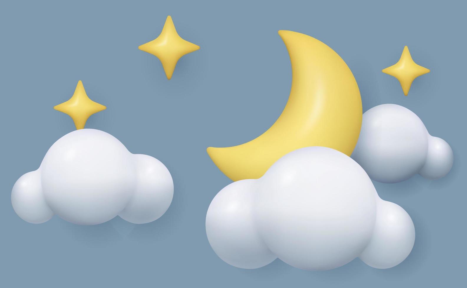 3d wolk maan sterren realistisch nacht weer icoon. speelgoed- glanzend plastic drie dimensionaal avond lucht vector illustratie van voor de helft maan en tekenfilm cumulus pluizig wolk Aan grijs lucht achtergrond.