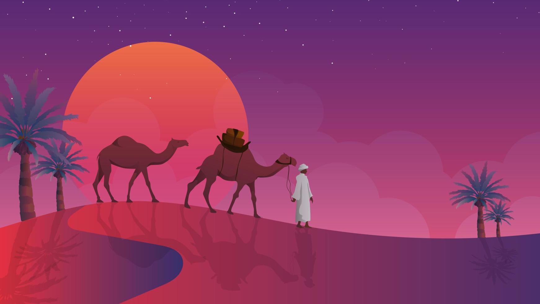 illustratie van een man die met een kameel in een woestijn loopt. achtergrond en banner ramadan de heilige maand. vector