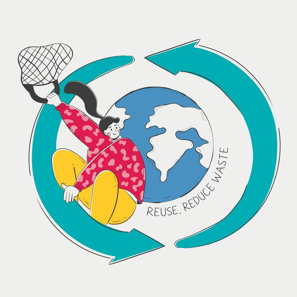 rollend voor een beter planeet. vrouw het schaatsen Aan recycling logo met tote tas, pleiten voor milieu zorg wereldwijd vector